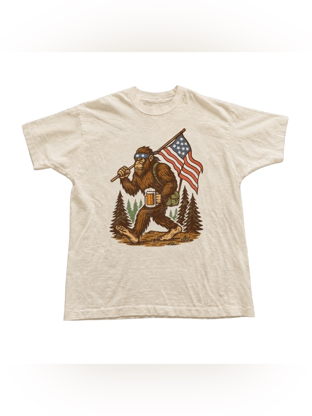 Off White Short-Sleeve Tee with Patriotic Bigfoot Graphic